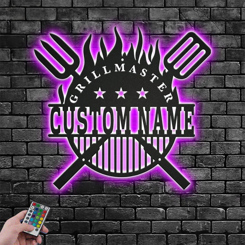 Custom Name Grillmaster BBQ Metal Wall Signs With RGB Led Light