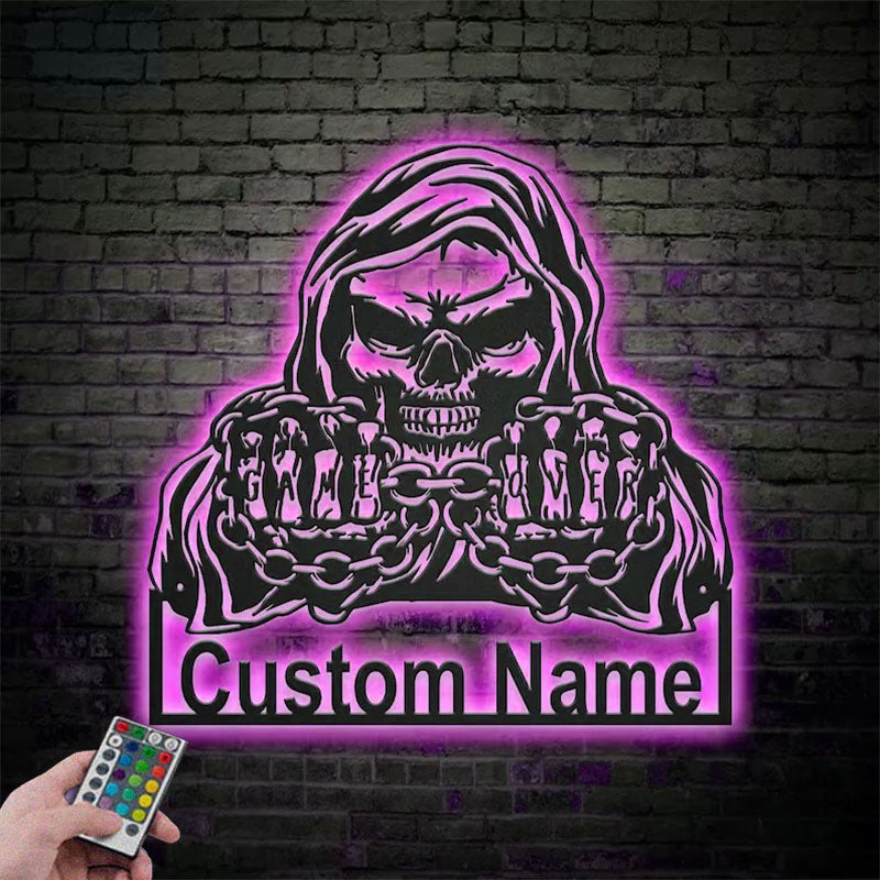 Custom Name Grim Reaper Skull Skeleton Metal Wall Signs With RGB Led Light