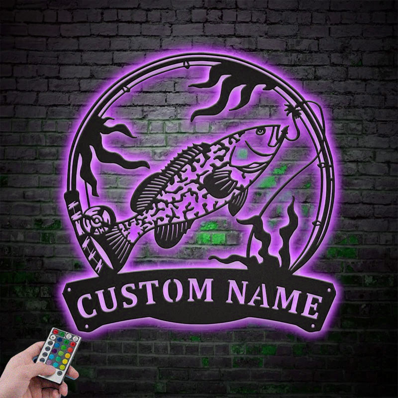 Custom Name Grouper Fishing Fish Pole Metal Wall Signs With RGB Led Light