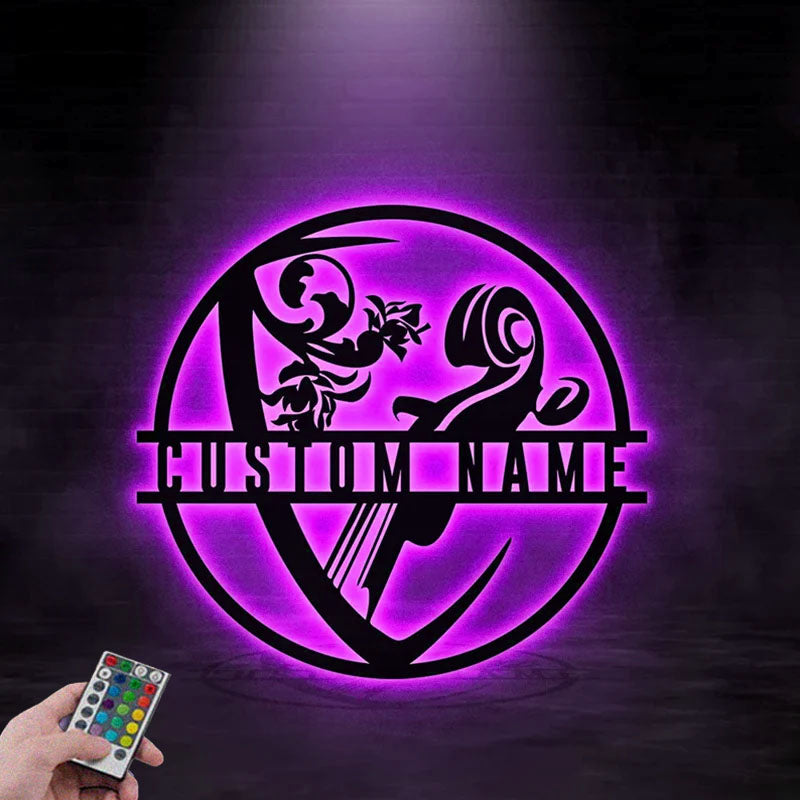 Custom Name Guitar Floral Metal Wall Signs With RGB Led Light