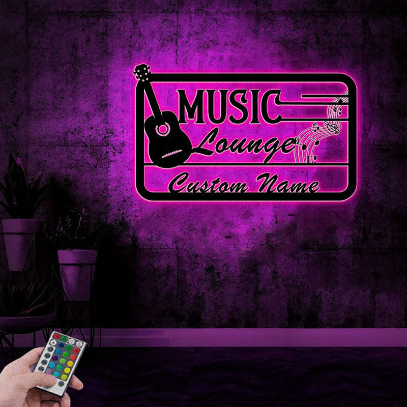 Custom Name Guitar Music Lounge Name Sign Monogram Home Decor Studio Room, Metal Wall Signs With RGB Led Light