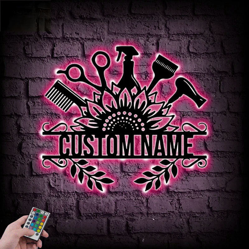Custom Name Hair Salon Wall Art, Metal Wall Signs With RGB Led Light