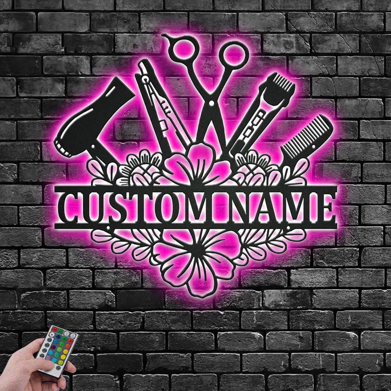 Custom Name Hair Stylist Name Sign Decoration For Room, Metal Wall Signs With RGB Led Light