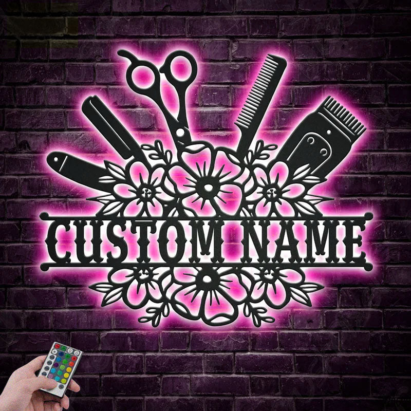 Custom Name Hair Stylist, Metal Wall Signs With RGB Led Light