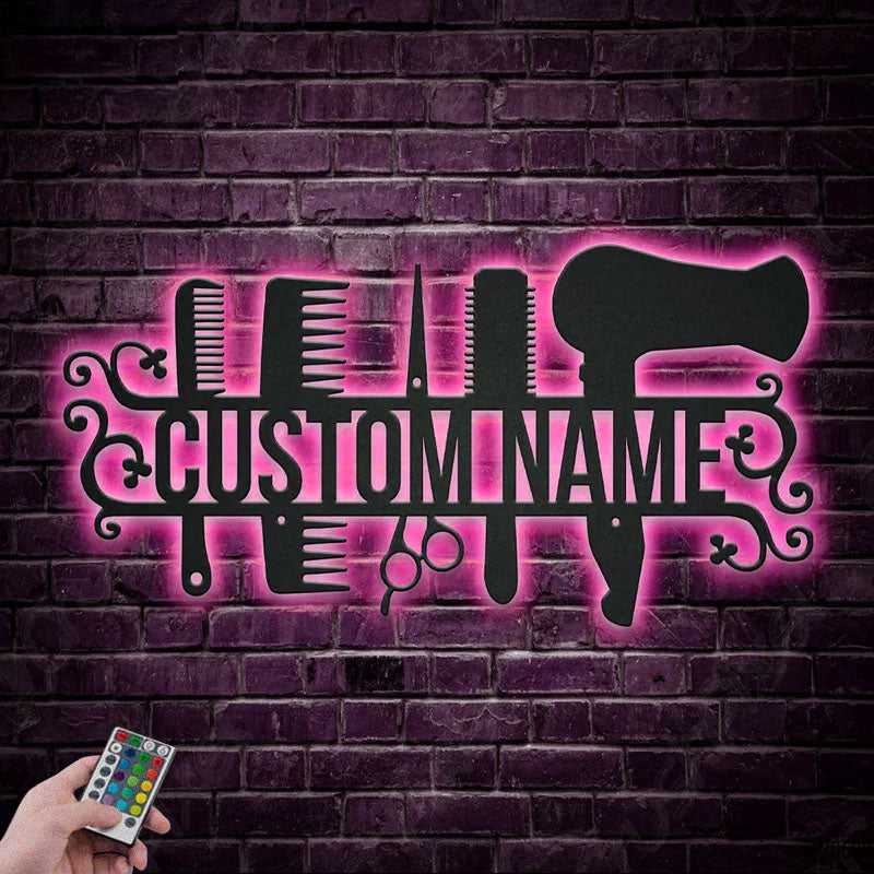 Custom Name Hairdresser Tools, Metal Wall Signs With RGB Led Light