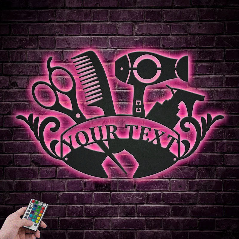 Custom Name Hairstylist Beauty Salon, Metal Wall Signs With RGB Led Light