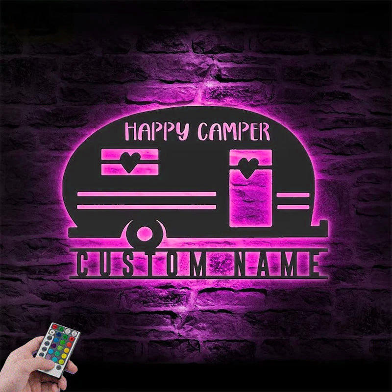 Custom Name Happy Camper Van Metal Wall Signs With RGB Led Light
