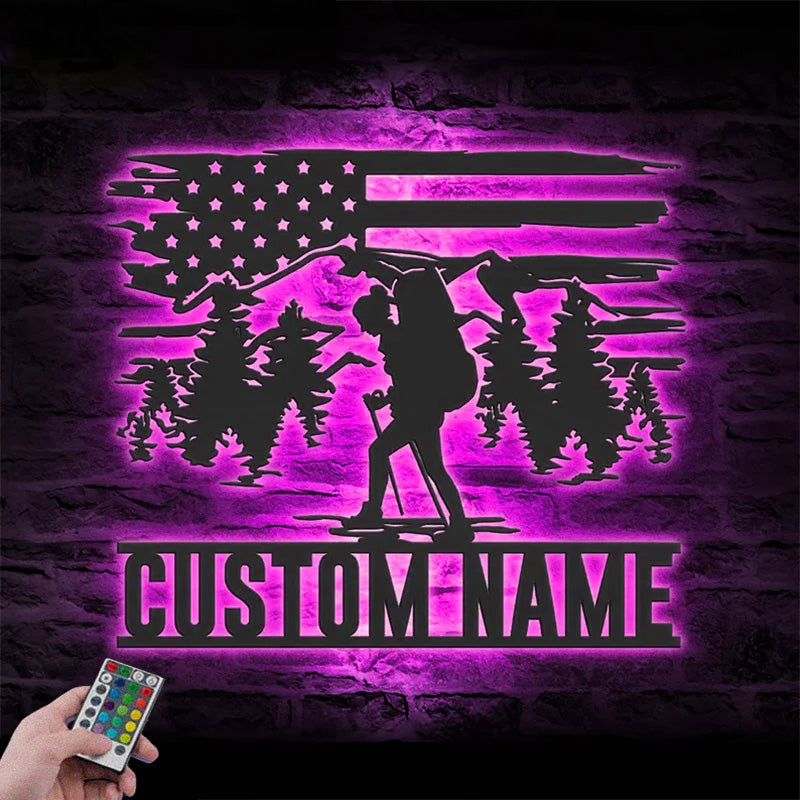 Custom Name Hiker Metal Wall Signs With RGB Led Light