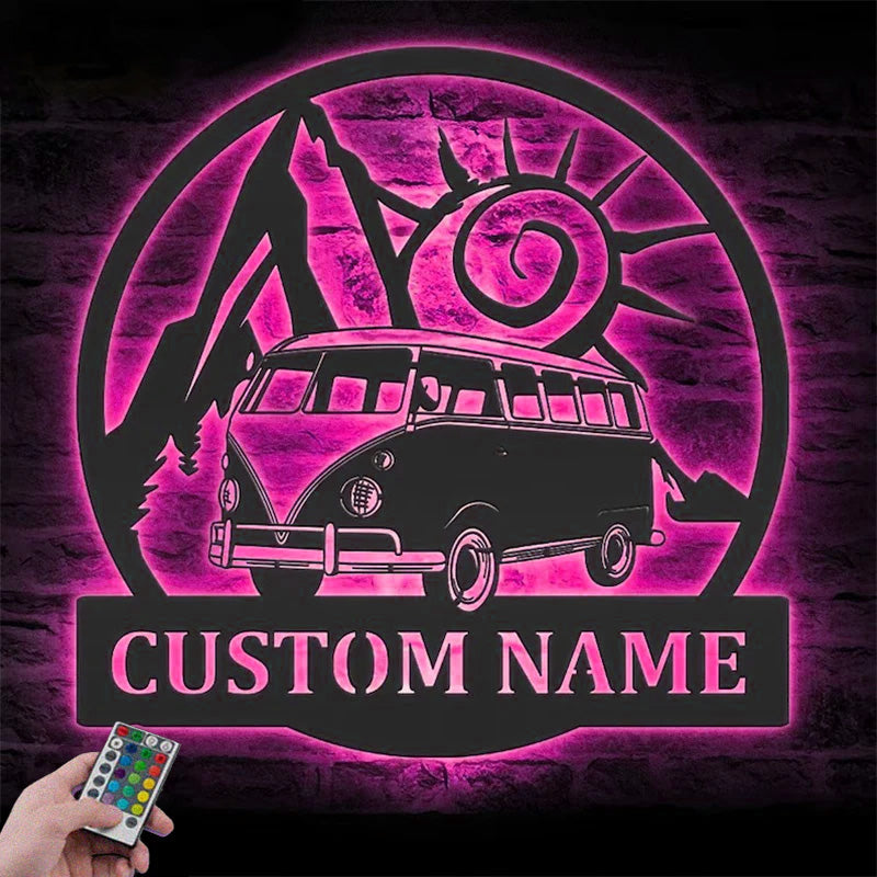 Custom Name Hippie Bus Van Name Sign Home Decor Metal Wall Signs With RGB Led Light