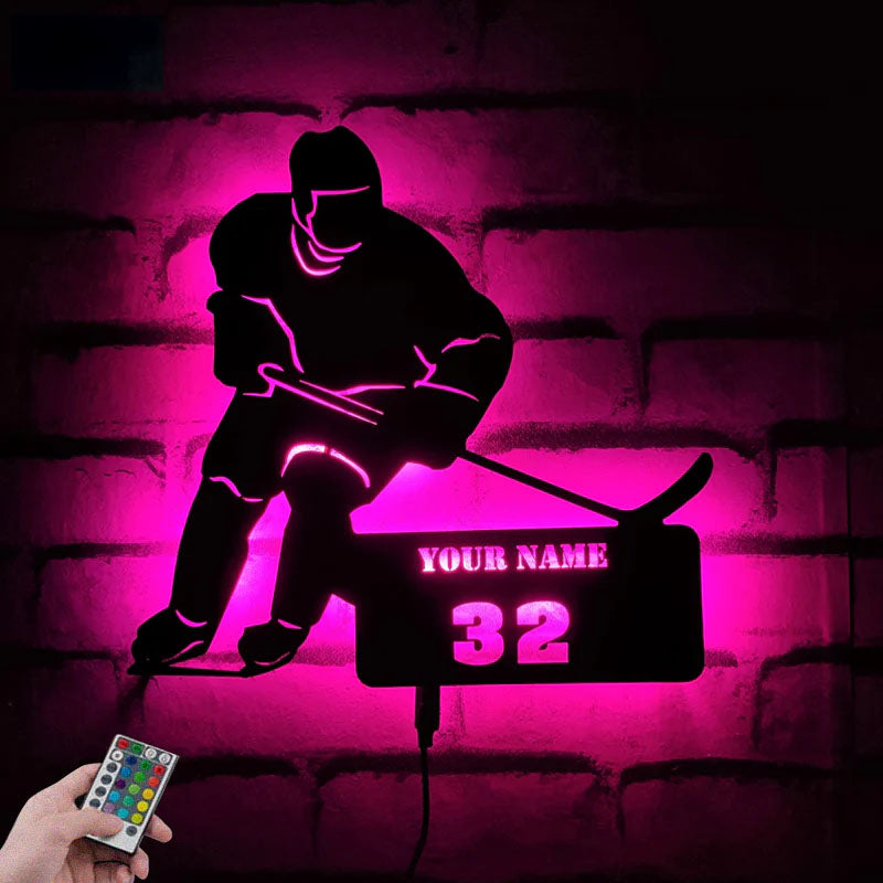 Custom Name Hockey Player Sign, Metal Wall Signs With RGB Led Light