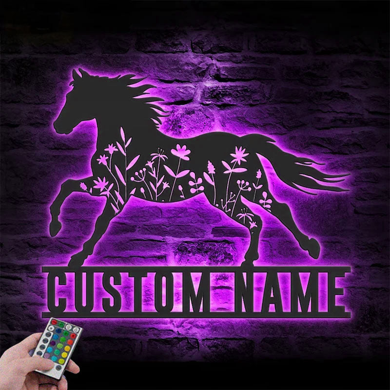 Custom Name Horse Flower Name Sign Home Decor Horse Barn, Metal Wall Signs With RGB Led Light