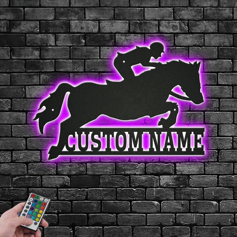 Custom Name Horse Jumping Name Sign Decoration For Room, Metal Wall Signs With RGB Led Light