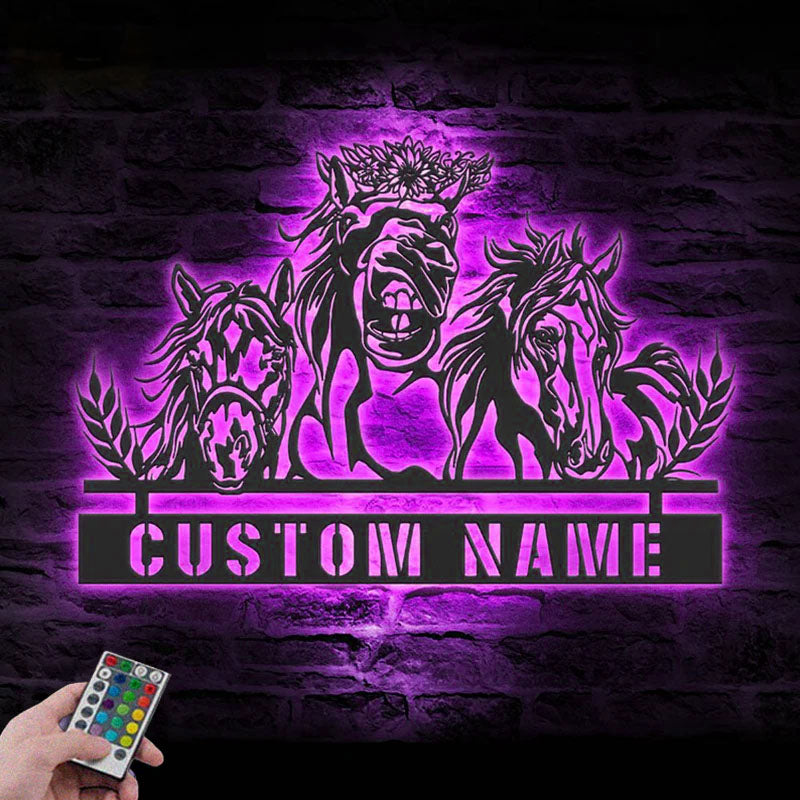 Custom Name Horse Livestock Name Sign Home Decor Horse Barn, Metal Wall Signs With RGB Led Light
