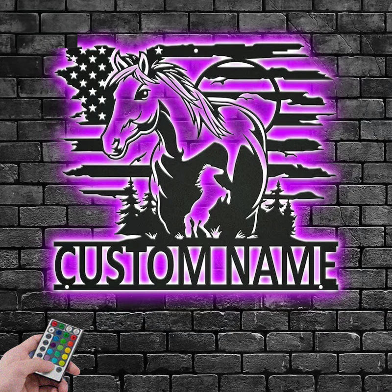 Custom Name Horse Name Sign Decoration For Room, Metal Wall Signs With RGB Led Light