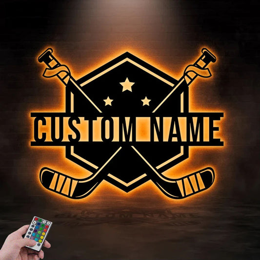 Custom Name ICE Hockey, Metal Wall Signs With RGB Led Light