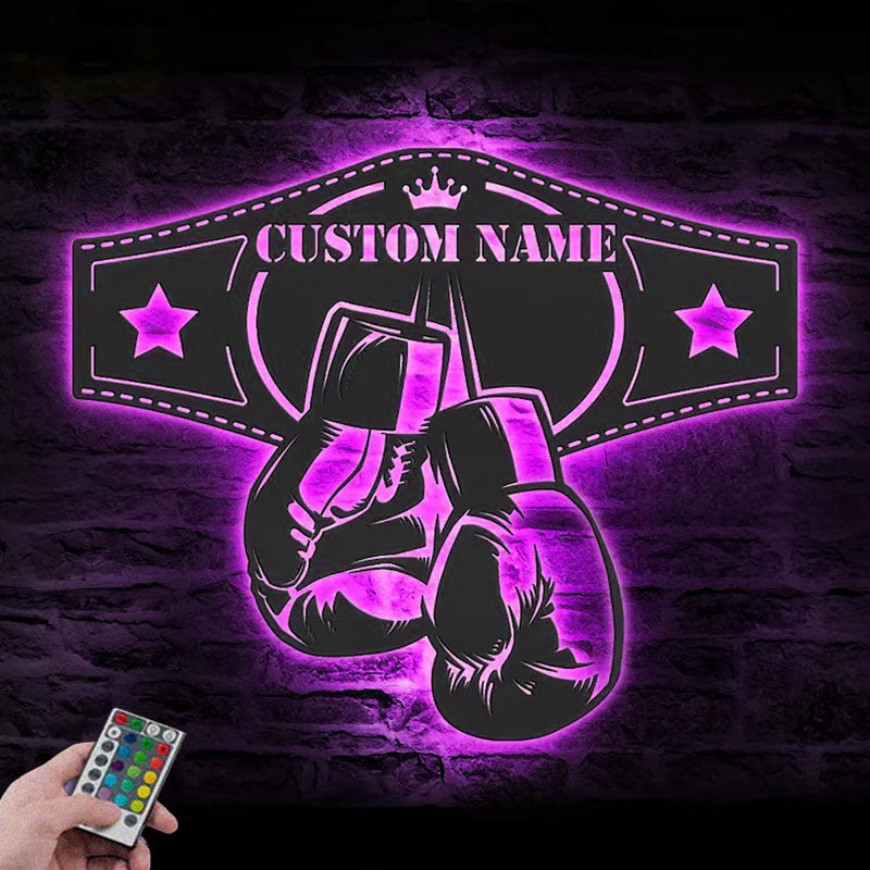 Custom Name King Boxer Belt Name Sign Home Decor Gym Room, Metal Wall Signs With RGB Led Light