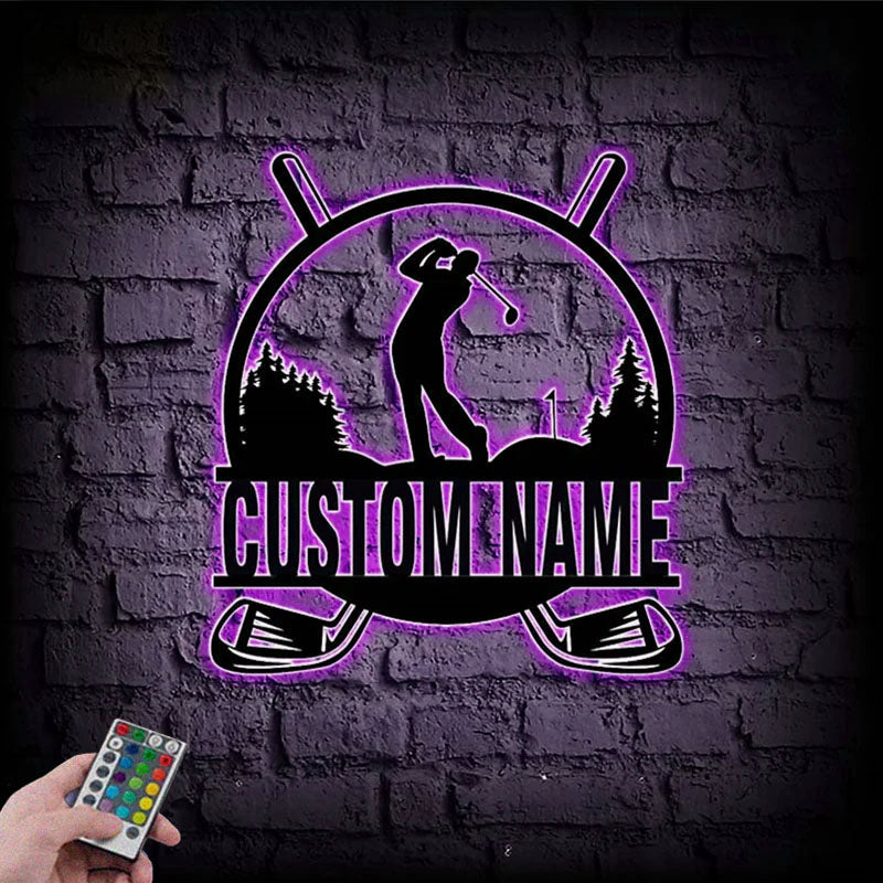 Custom Name LED Golfing Metal Wall Art, Metal Wall Signs With RGB Led Light