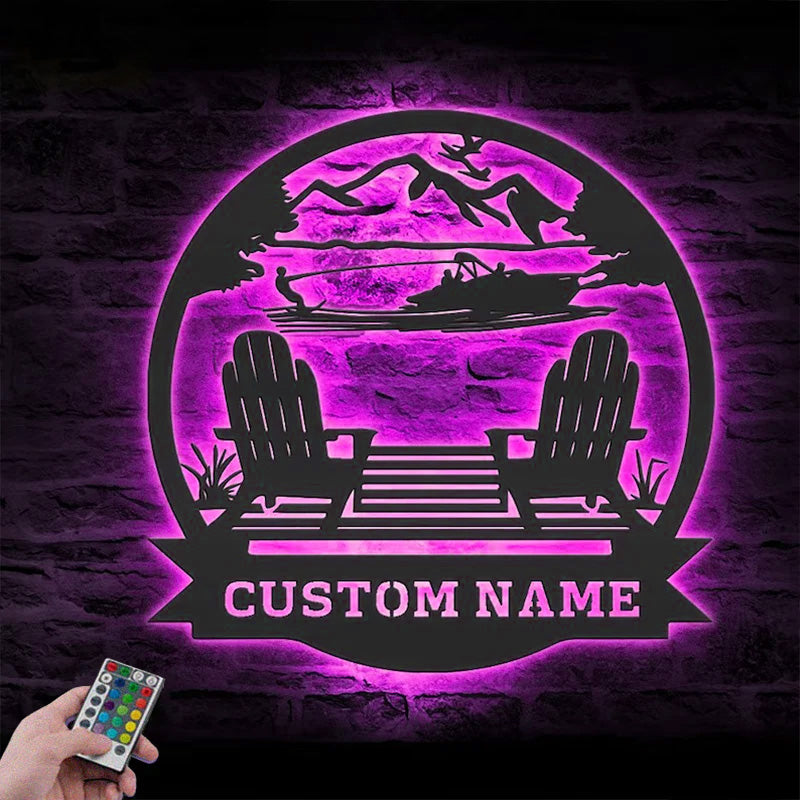 Custom Name Lake Mountain Scene Name Sign Home Decor Metal Wall Signs With RGB Led Light