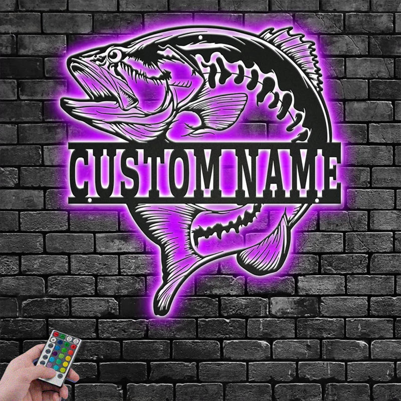Custom Name Largemouth Bass Fish Name Sign Decoration For Room Metal Wall Signs With RGB Led Light