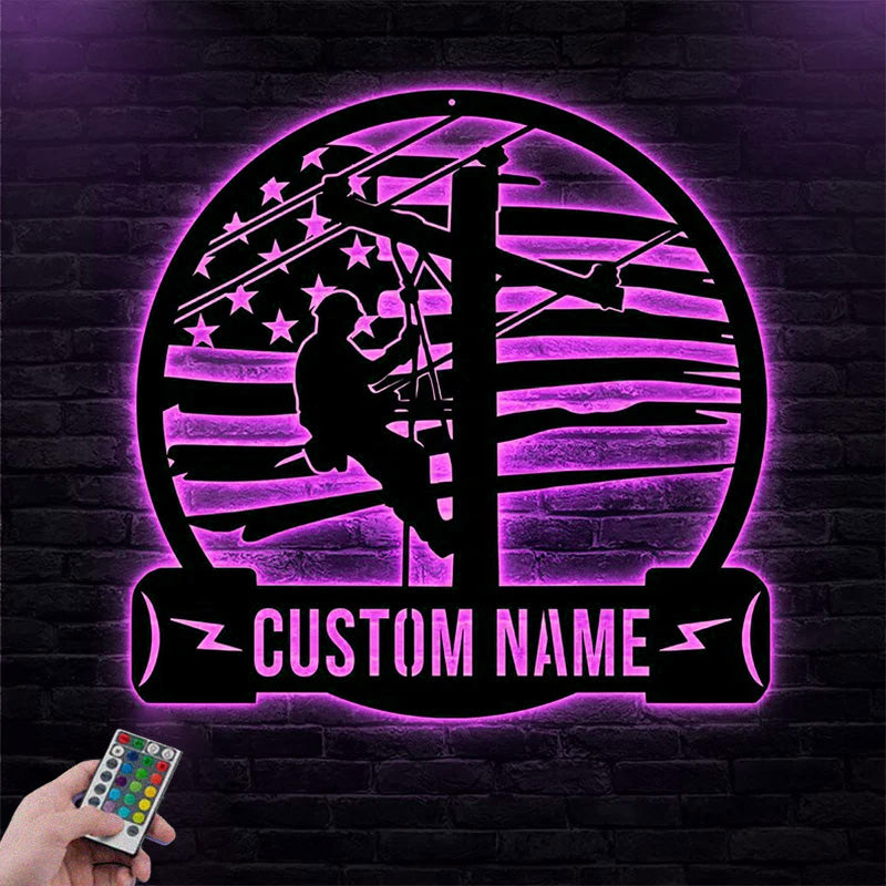 Custom Name Lineman Metal Wall Signs With RGB Led Light