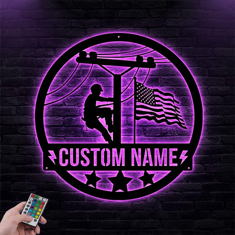Custom Name Lineman Room Metal Wall Signs With RGB Led Light