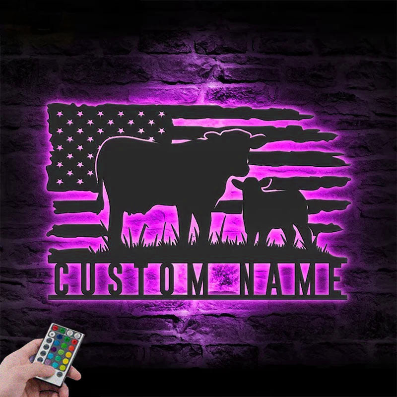 Custom Name Livestock Calf Farm Name Sign Home Decor Heifer Barn, Metal Wall Signs With RGB Led Light