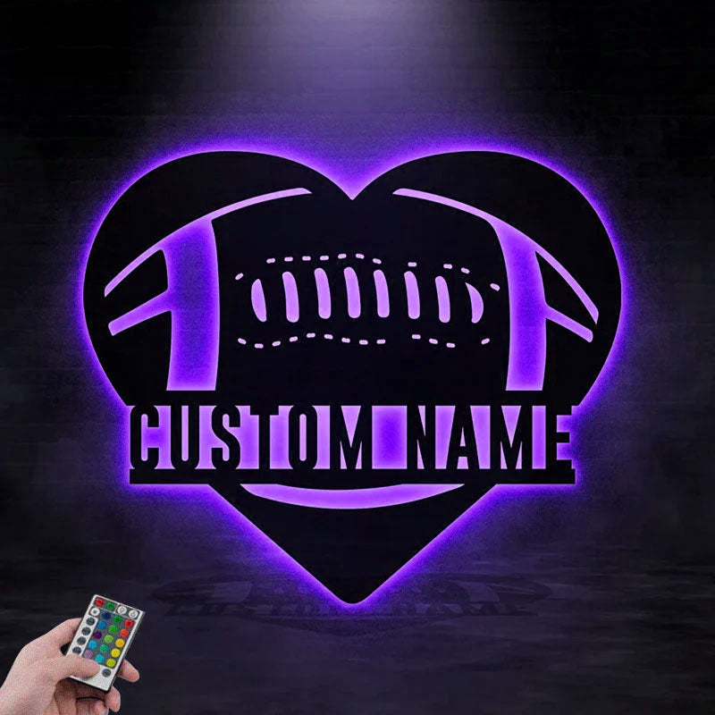 Custom Name Love Football, Metal Wall Signs With RGB Led Light