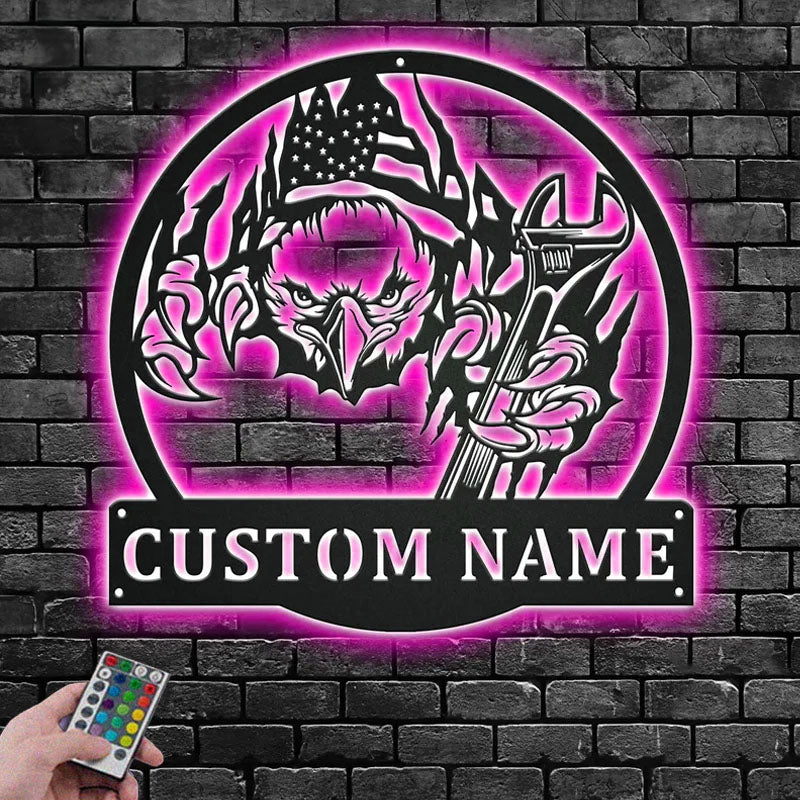 Custom Name Mechanic Garage Name Sign Decoration For Room, Metal Wall Signs With RGB Led Light