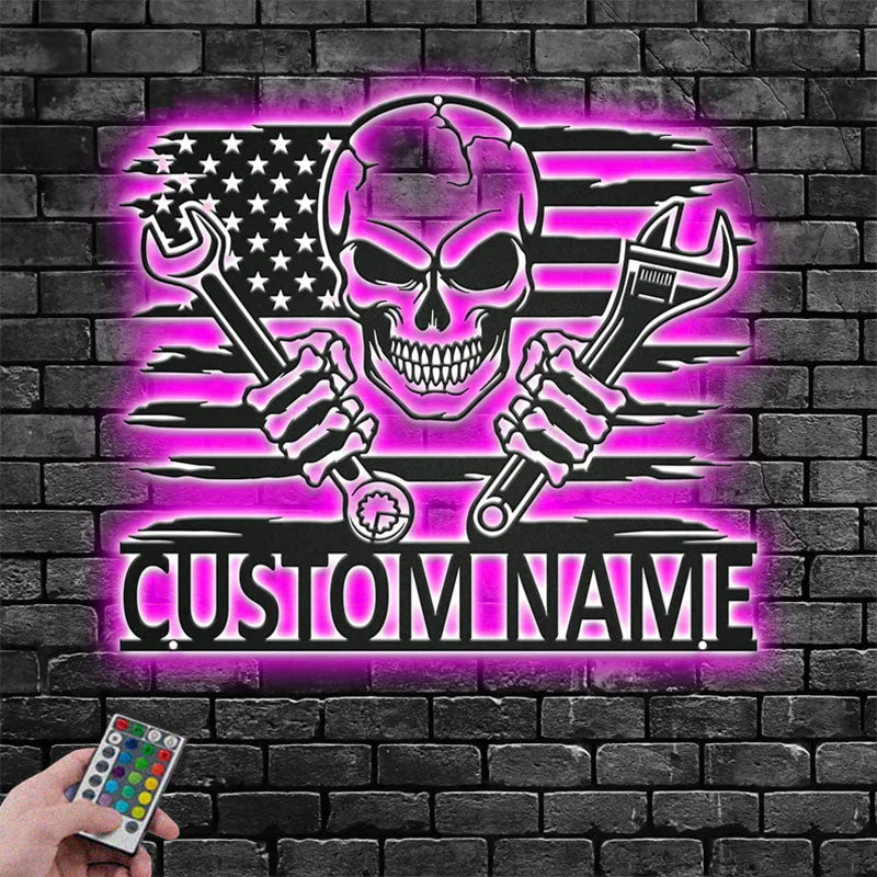 Custom Name Mechanic Garage Name Sign Decoration For Room, Metal Wall Signs With RGB Led Light