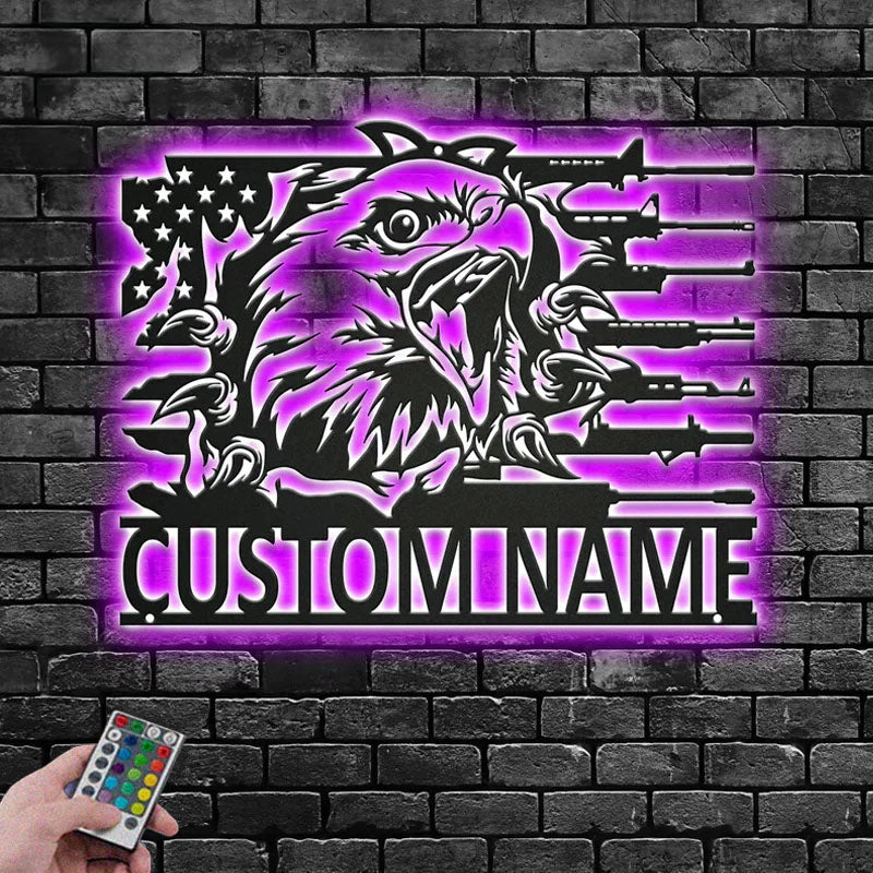 Custom Name Military Eagle Name Sign Decoration For Room, Metal Wall Signs With RGB Led Light