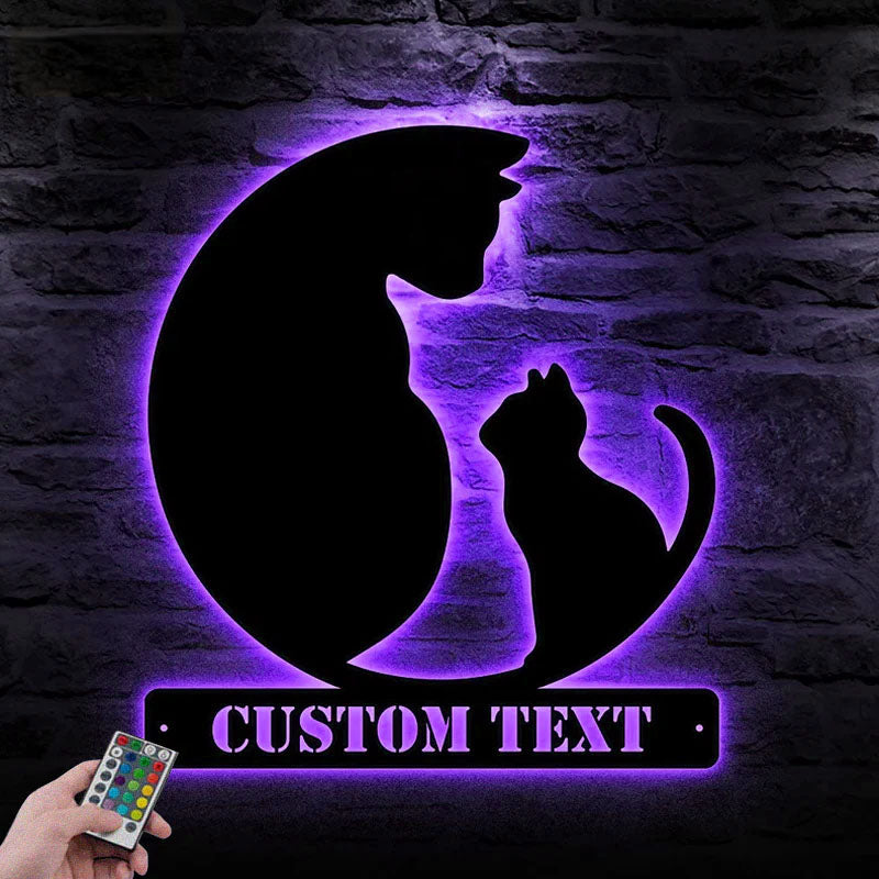 Custom Name Mom and Cat, Metal Wall Signs With RGB Led Light