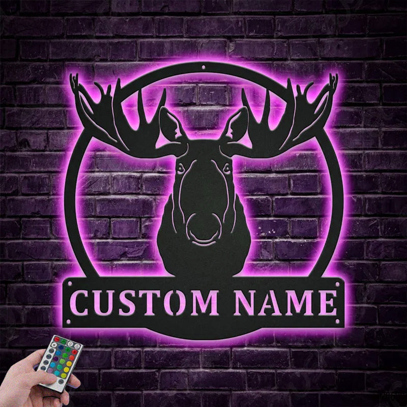 Custom Name Moose Head Anima Metal Wall Signs With RGB Led Light