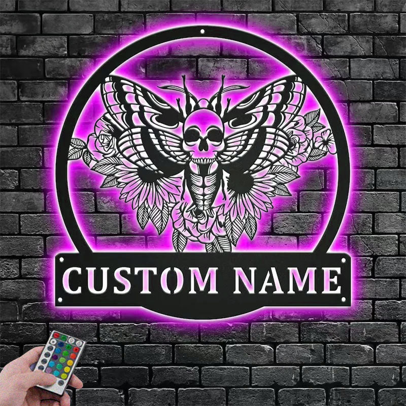 Custom Name Moth Skull Name Sign Decoration For Room, Metal Wall Signs With RGB Led Light