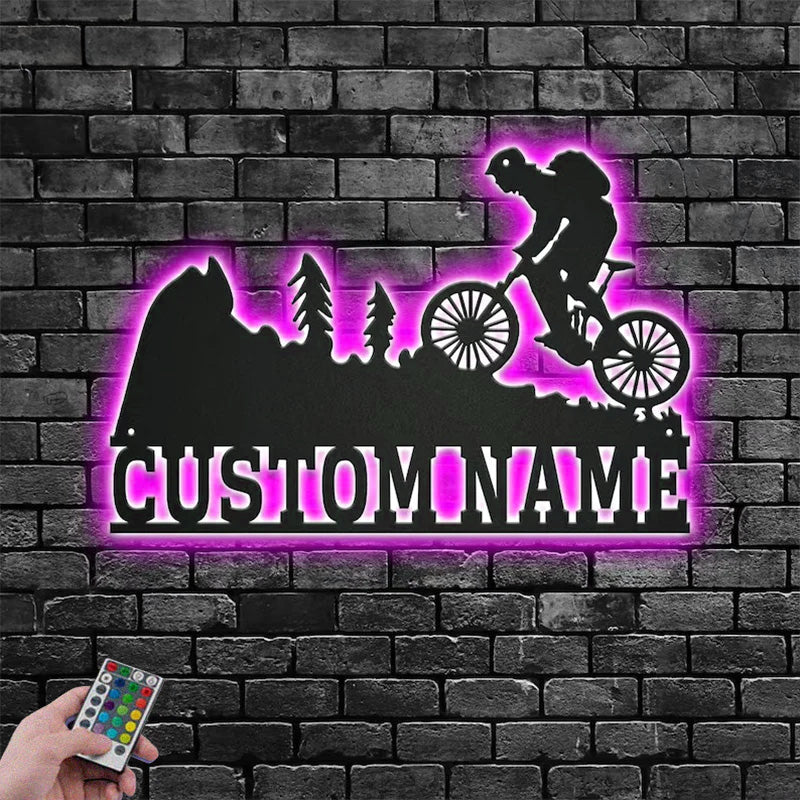 Custom Name Mountain Bike Name Sign Decoration For Room, Metal Wall Signs With RGB Led Light