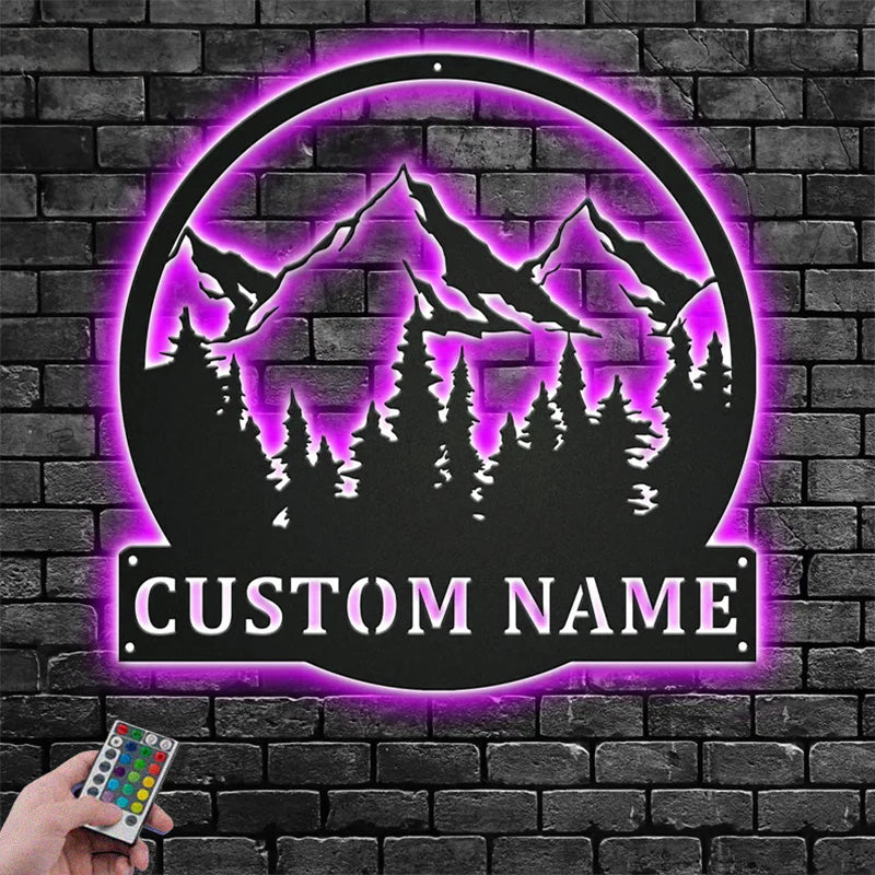 Custom Name Mountain Camper Name Sign Metal Wall Signs With RGB Led Light