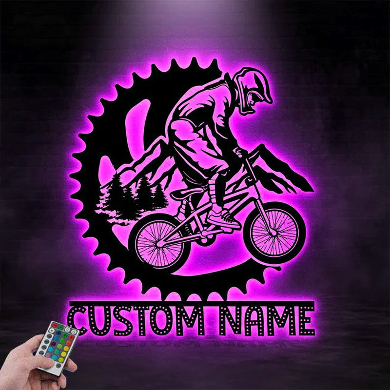 Custom Name Moutain Biking For Home A Half Of Chain Metal Wall Signs With RGB Led Light