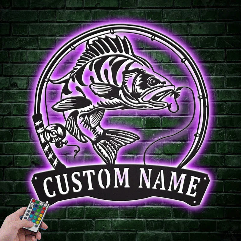 Custom Name Perch Fishing Fish Pole Metal Wall Signs With RGB Led Light