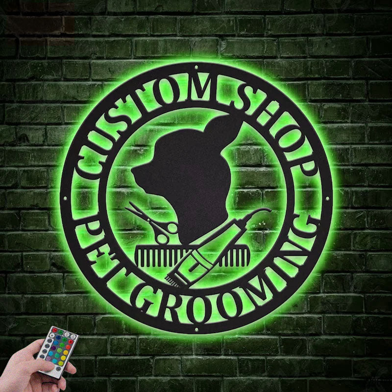 Custom Name Pet Grooming, Metal Wall Signs With RGB Led Light