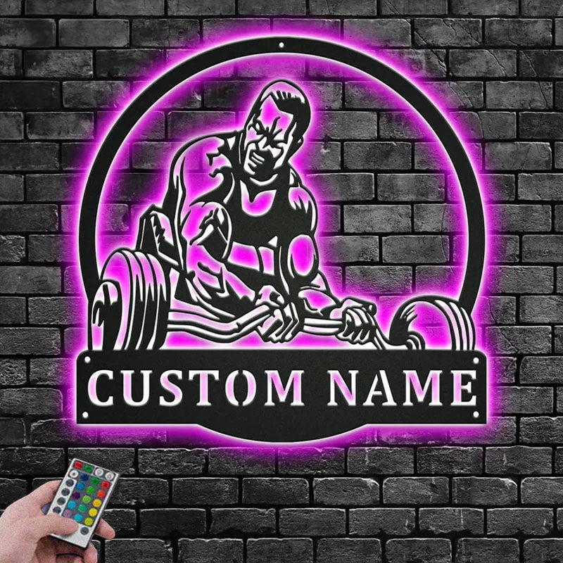 Custom Name Powerlifting Name Sign Decoration For Room, Metal Wall Signs With RGB Led Light