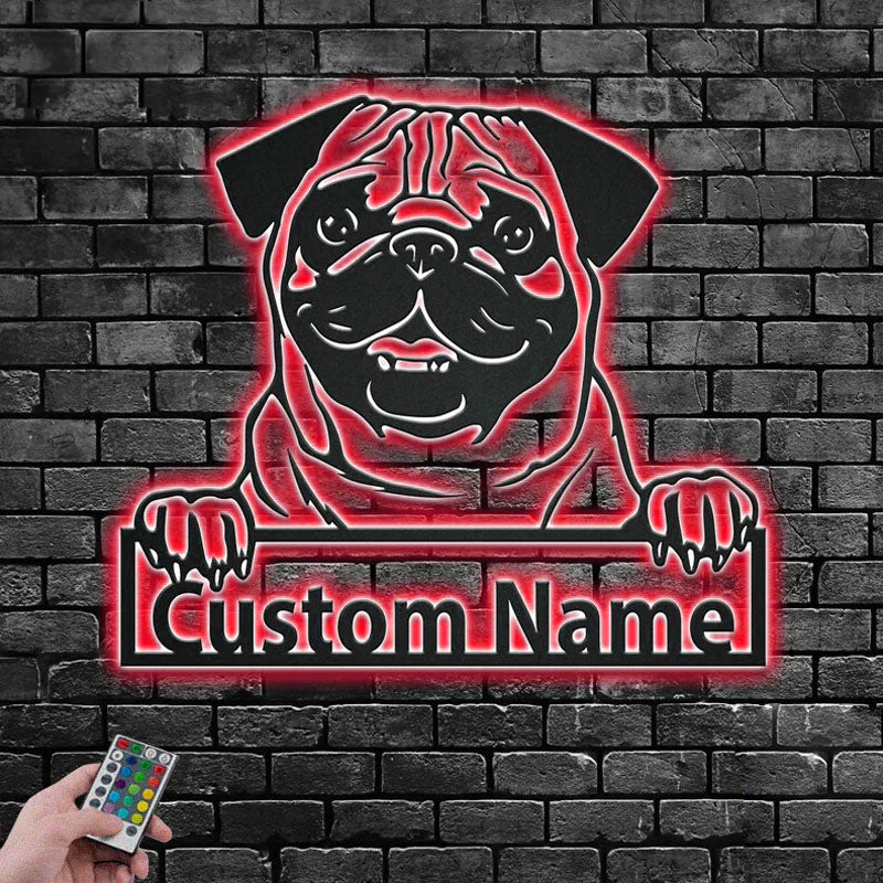 Custom Name Pug Name Sign Decoration For Dog Room, Metal Wall Signs With RGB Led Light
