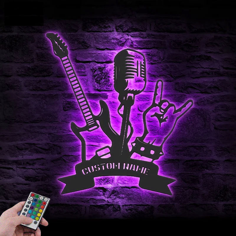 Custom Name Rock And Roll Name Sign Home Decor Music Room, Metal Wall Signs With RGB Led Light