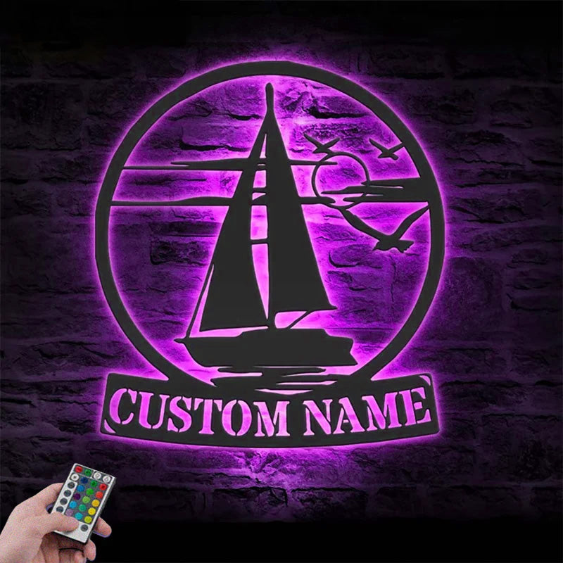 Custom Name Sailboat Metal Wall Signs With RGB Led Light