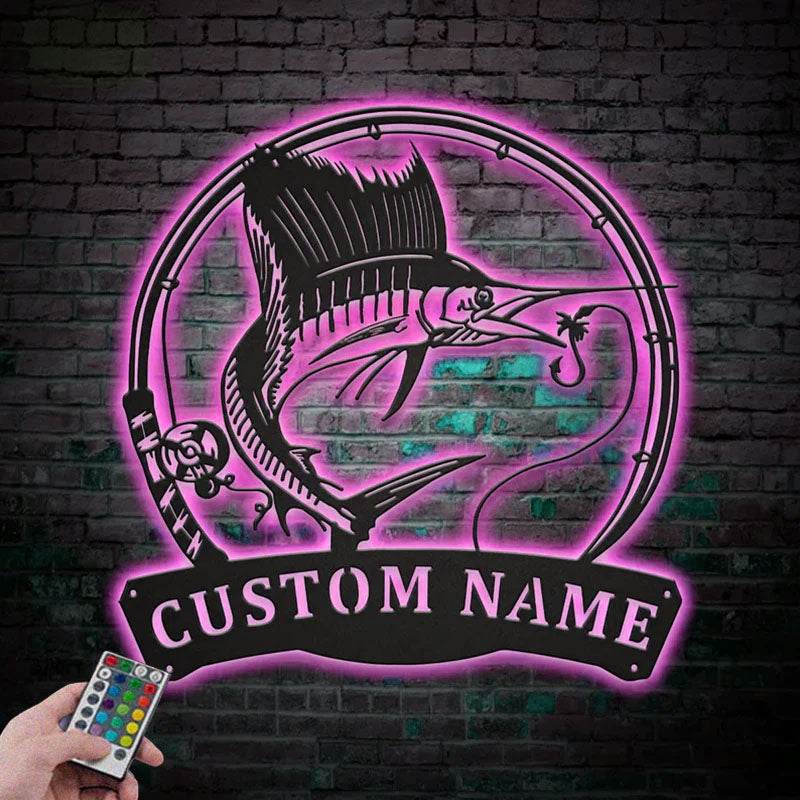 Custom Name Sailfish Fishing Fish Pole Metal Wall Signs With RGB Led Light