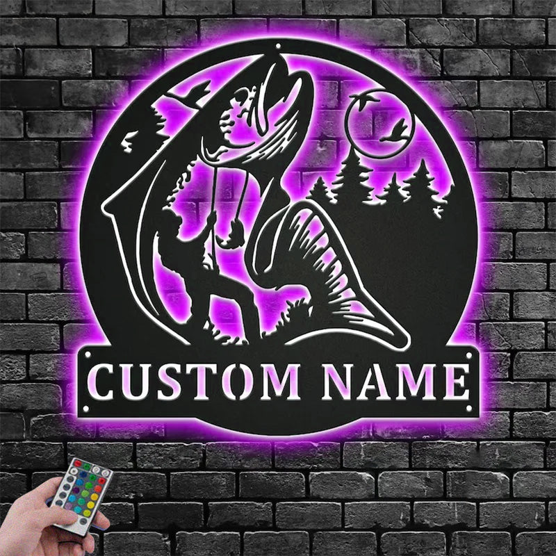 Custom Name Salmon Fisher Name Sign Decoration For Room Metal Wall Signs With RGB Led Light