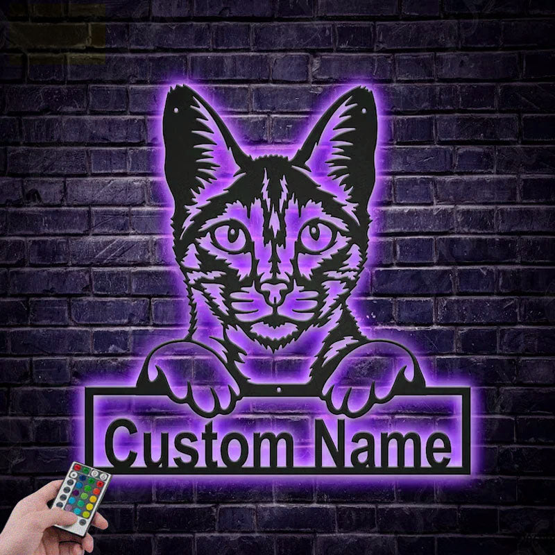 Custom Name Savannah Cat, Metal Wall Signs With RGB Led Light
