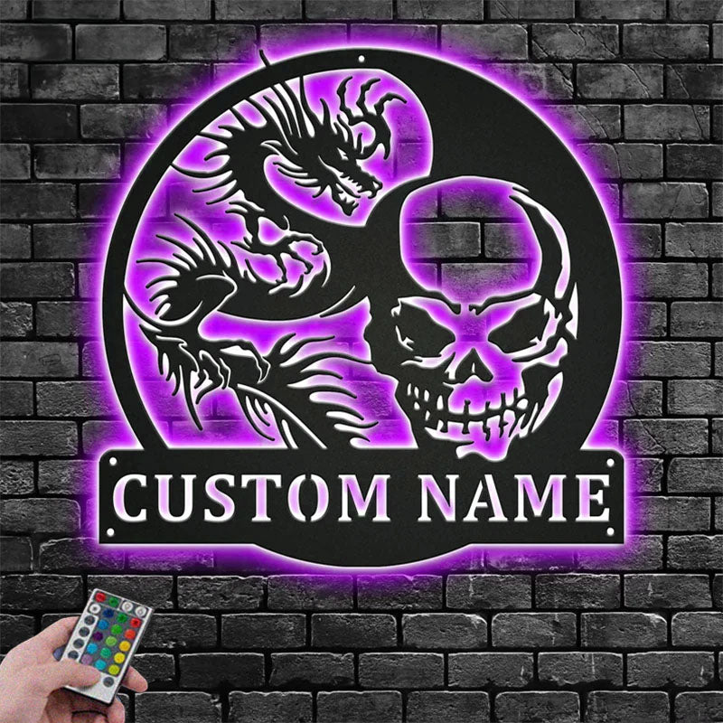 Custom Name Skull And Dragon Name Sign Decoration For Room, Metal Wall Signs With RGB Led Light