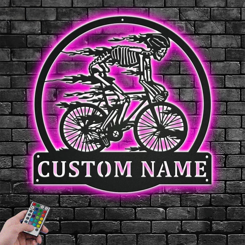 Custom Name Skull Bicycle Metal Wall Signs With RGB Led Light