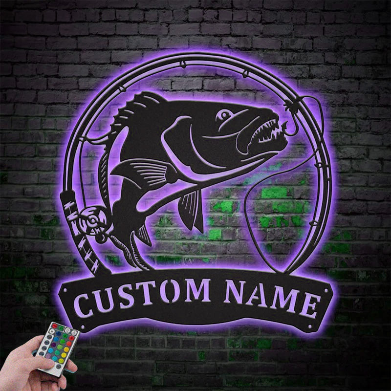 Custom Name Snapper Fishing Fish Pole Metal Wall Signs With RGB Led Light