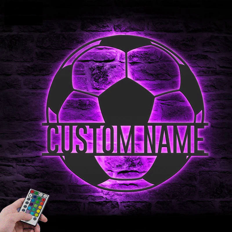 Custom Name Soccer Ball, Metal Wall Signs With RGB Led Light