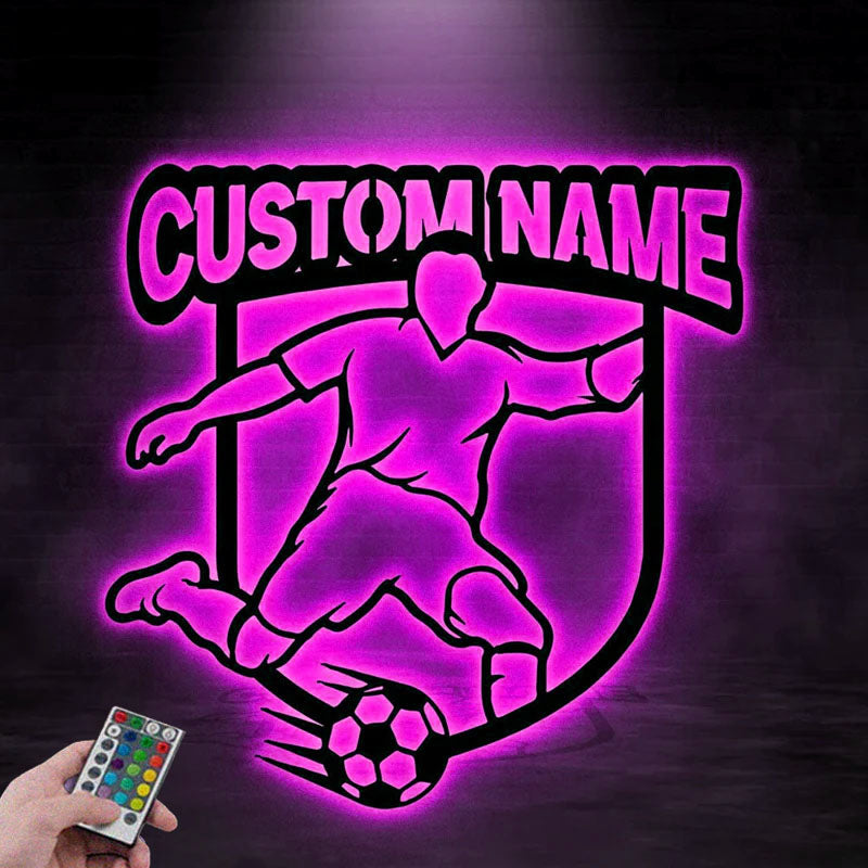 Custom Name Soccer Player Metal Wall Signs With RGB Led Light